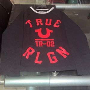 Boys black and red cotton long sleeve True Religion shirt in excellent condition